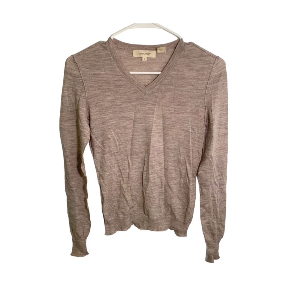 Inhabit Women's Size P V-Neck Sweater Beige Semi=Sheer 100% Merino Wool